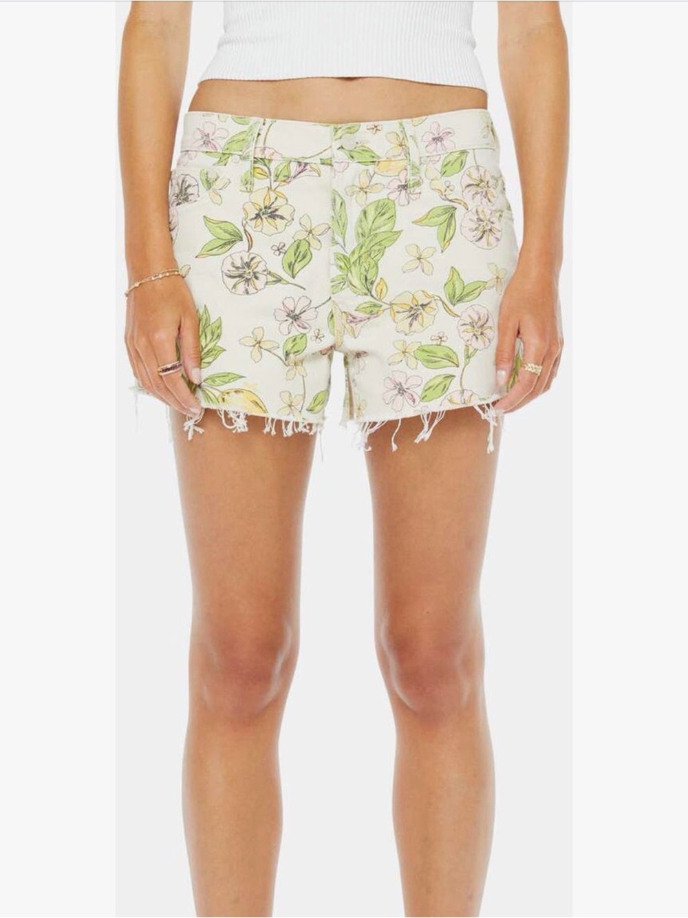 MOTHER Cream The Dodger Floral Lemon Print Denim Shorts